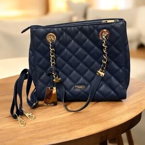 Aldo Quilted Navy Blue Shoulder/Crossbody Bag Gold Chain Link Accent Purse